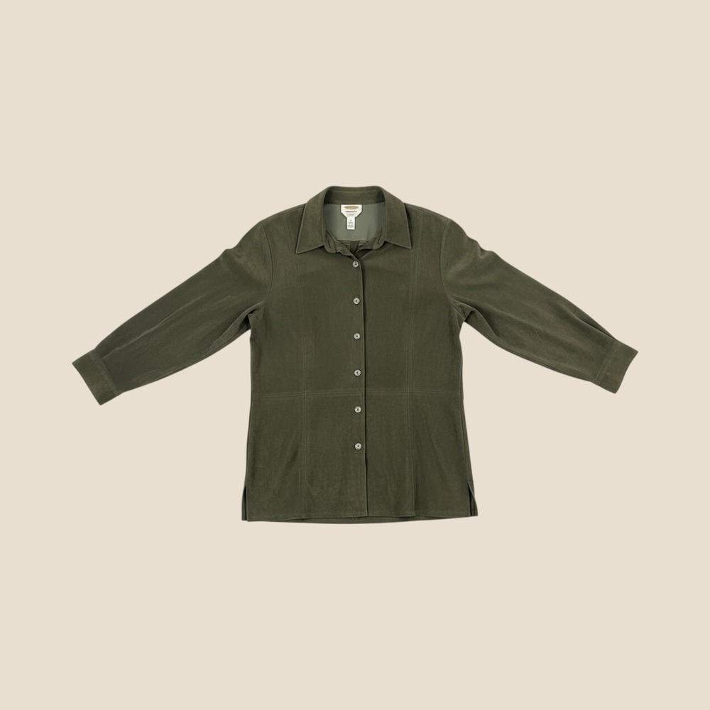 Talbots Women Olive Green Faux Suede Stretch Button Down Shirt Jacket Large